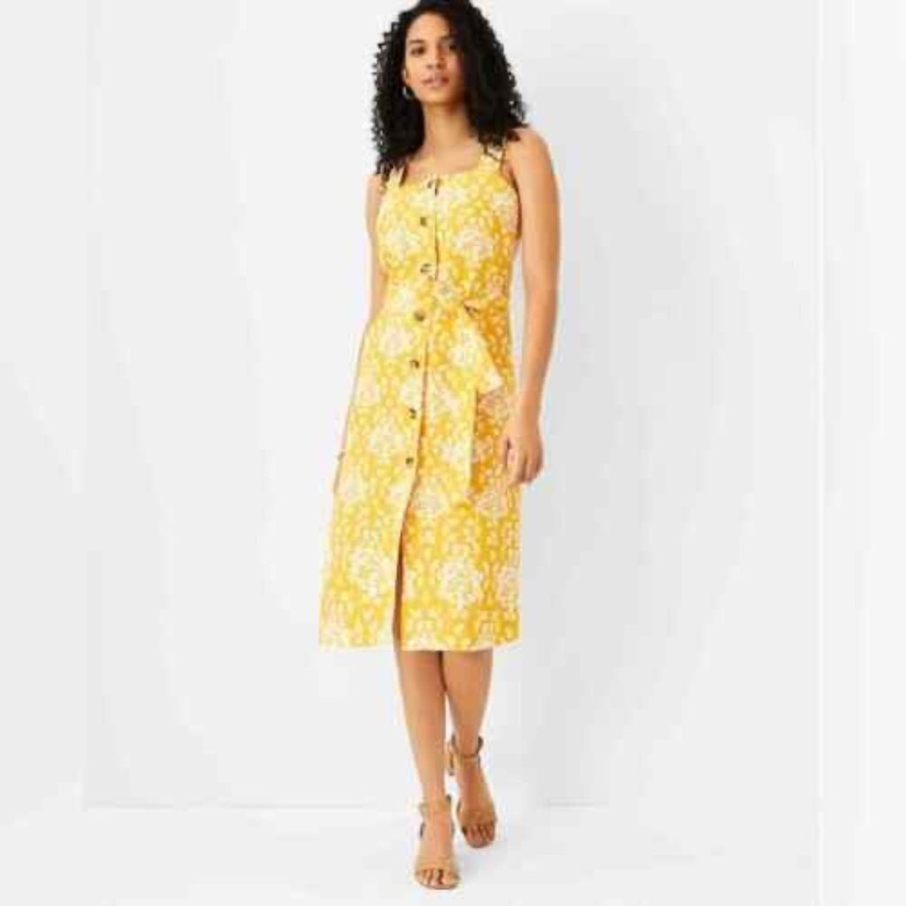 Ann Taylor Yellow Floral Button-Front Midi Dress